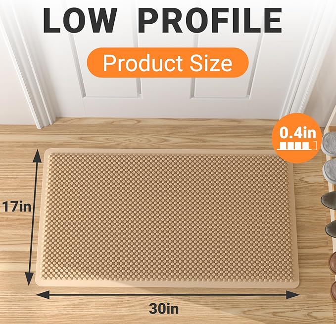 Fowooyeen Outdoor Door Mat, 30'' x 17'' Silicone Scraper, Sturdy Non-Slip Washable Weatherproof Low-Profile Shoe Cleaner for Indoor Entrance, Beige