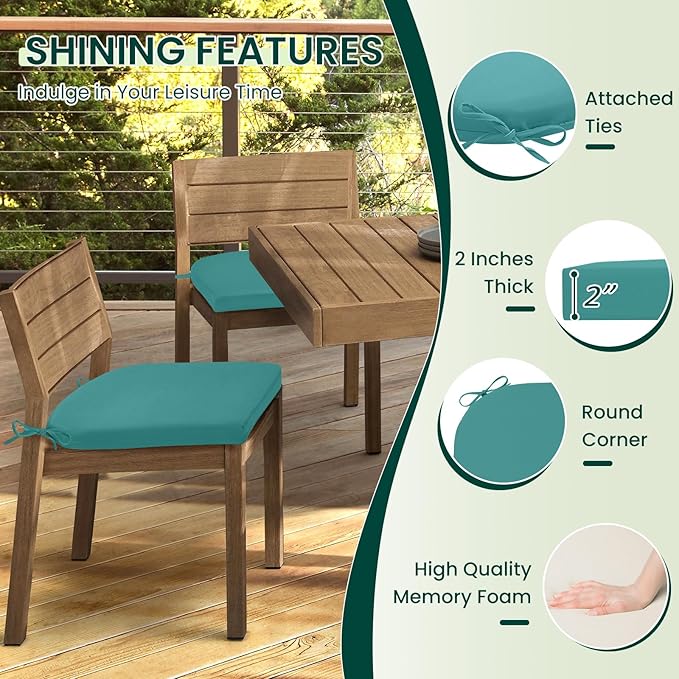 HARBOREST Outdoor Chair Cushions Set of 2, Water Resistant Patio Chair Cushions with Ties, Outdoor Seat Cushions for Patio Furniture, 17"x16"x2", Teal