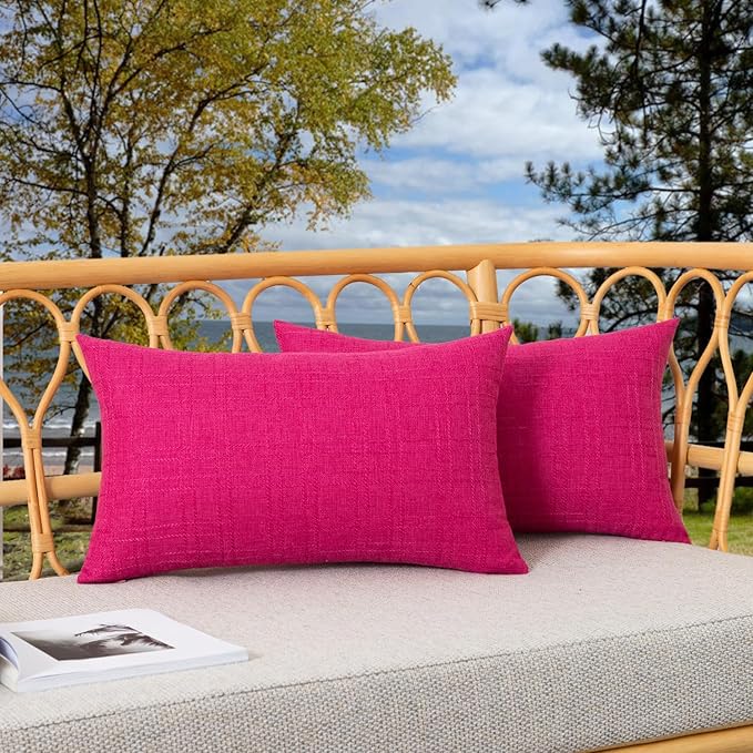 Kevin Textile Outdoor Waterproof Lumbar Pillow Covers 12x24 Inch Pack of 2 Checkered Decorative Rectangle Cushion Throw Pillowcases Shell for Patio Tent Garden Couch Bed Sofa Hot Pink