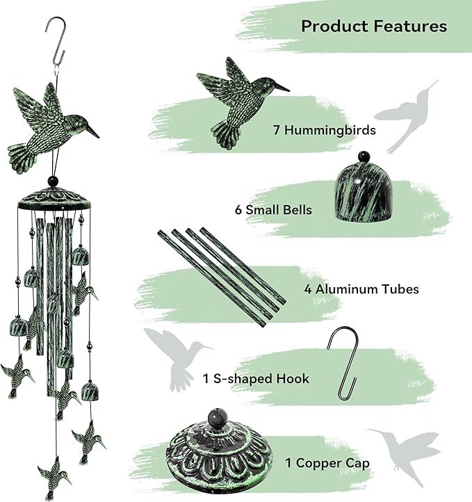 35" Hummingbird Wind Chimes for Outside, Hummingbird Wind Chimes Gifts for Mother's Day, Garden Decor for Outdoor Porch Patio Home Yard Decorations﻿