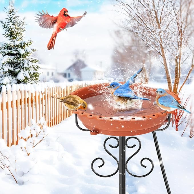 Heated Bird Baths for Outdoors,Upgraded 100W Thermostat Control Heated BirdBaths for Winter with Metal 5 Prong Base Heated Bird Bath for Outside Winter Garden Yard Patio Lawn (Brown)