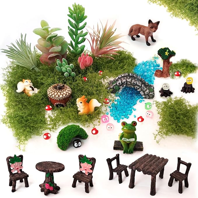 44 Pcs Fairy Garden Accessories, Miniature Table and Chairs Set, Miniature Figurines Mini Resin Animals House Bridge for Micro Landscape Potted Plant Terrarium Decor DIY Craft Gift