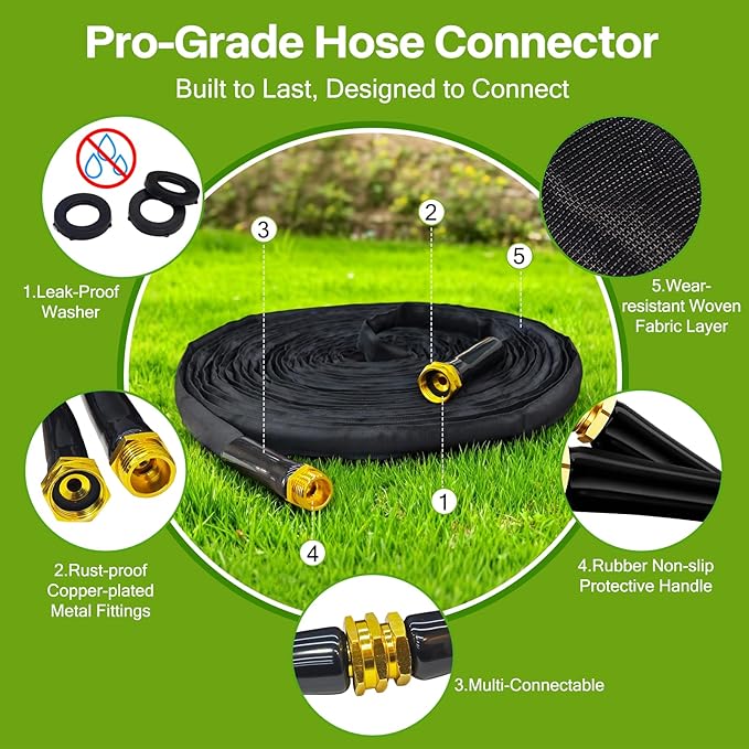 50 FT Non-Expanding Garden Hose，Ultra-Lightweight Flexible Anti-Kink Water Hose, Upgraded Fabric-Covered，High-Pressure & Burst-Resistant，Lead-Free.