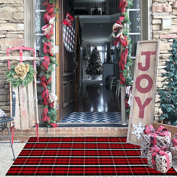 Christmas Plaid Outdoor Rug, 2' x 4'3'' Red & Black Check Indoor/Outdoor Area Rug, Layering Rug for Hello/Welcome Door Mat, Machine Washable Cotton Woven Farmhouse Mat for Front Porch Décor