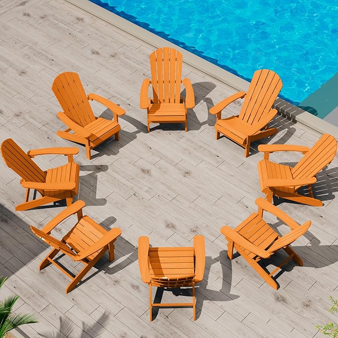 YEFU Adirondack Chairs Set of 8: Plastic Adirondack Chairs - Patio Chairs with Wood Texture - Outdoor Chair HIPS - Lawn Fire Pit Deck Porch Garden Chairs for Adults(Tangerine)