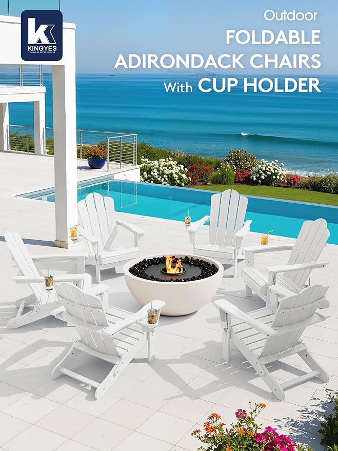 KINGYES Folding Adirondack Chair Set of 2, HDPE All-Weather Patio Chairs with Cup Holder, Wooden Textured Fire Pit Chairs for Poolside, Backyard, Deck, White