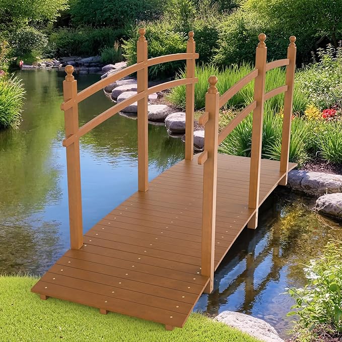 VINGLI Garden Bridge, Classic Wooden Bridge with Safety Rails, Decorative Arhced Footbridge for Patio Pond, Creek, Pathway (Brown, 7.5 ft)