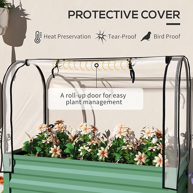 Outsunny Raised Garden Bed with Cover and Storage Shelf, Rectangular Metal Elevated Planter Box with Legs and Bed Liner for Vegetables, Flowers, Herbs, Green