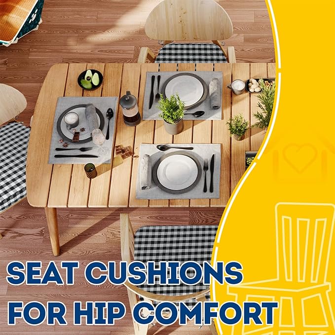 AAAAAcessories D-Shaped Chair Cushions, 2" Thick Dining Chair Pads with Ties and Removable, Machine-Washable Cover, 17" x 16", Set of 6, Checkered Black/White