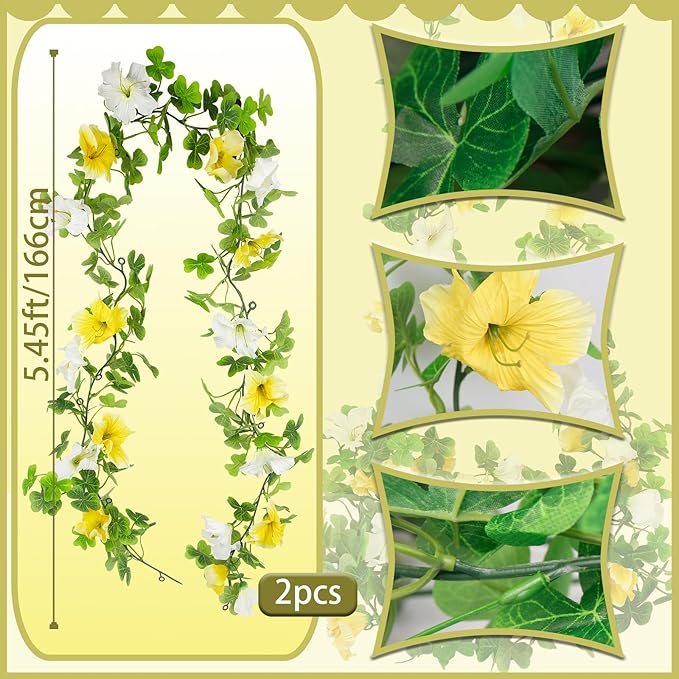 2 Pcs Artificial Flowers Vines Outdoors Silk Petunias Garland Spring Flowers Garland for Mantle 11FT Fake Morning Glory Hanging Vines Plants for Mailbox Fence Wedding Banquet Decor White Yellow