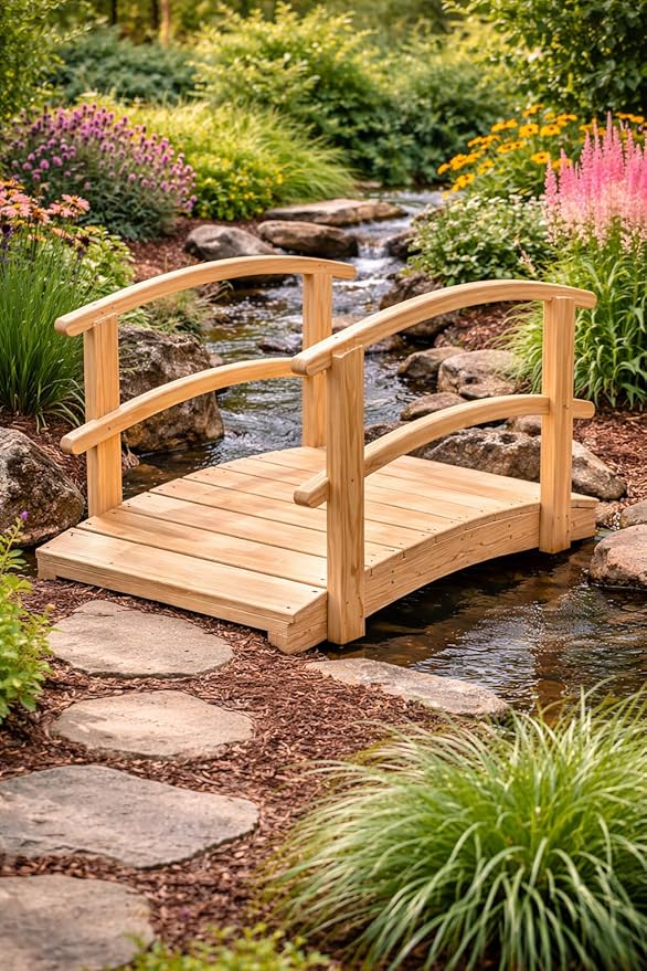 4 FT Natural Amish Made Garden Bridge with Double Rails for Walkway, Backyard Pond & Landscaping, Outdoor Wooden Footbridge for Koi Pond, Japanese Style Decorative Bridge, Made in USA