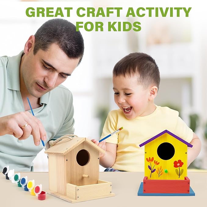 LotFancy Bird House Kit, DIY Wooden Birdhouse Kits, Arts and Crafts Painting Kits for Kids Ages 4+, Build and Paint, Including Paints & Brushes