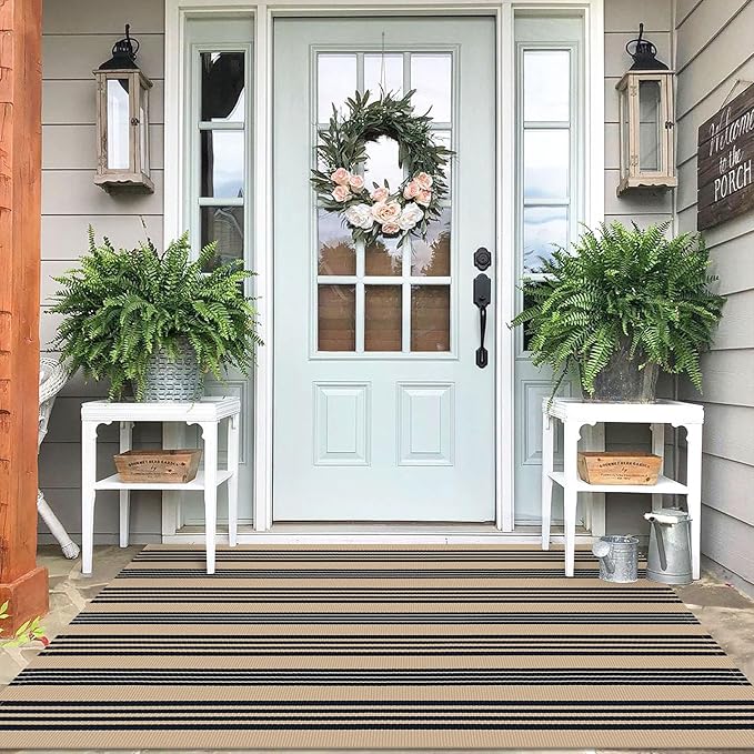 IOHOUZE Black and Tan Striped Rug 4'x6' Front Door Rugs Outdoor, Washable Area Rug for Double Front Porch, Large Patio Rug Outdoor Indoor, Doormat for Entryway Porch Entrance