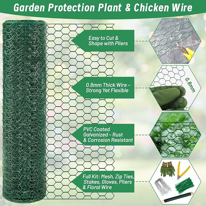 Convivium Plant Protectors from Animals, 0.8mm Free-Cut Green Chicken Wire Mesh, PVC Coated Tree Trunk Guard & Garden Fence for Outdoor Plants with Zip Ties, Stakes, Pliers, Gloves（16.4Ft*16In）