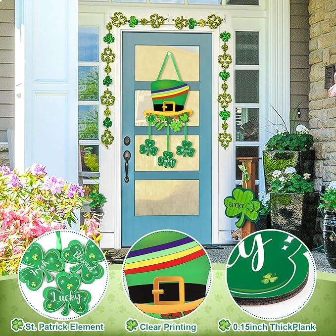 Wooden St. Patrick's Day Decoration Door Wreath for Front Door Sign Wall Signs Shamrock Clover Spring Decoration, Irish Sign Welcome Hanging for Home Wall Decor Party Outdoor Indoor Supply