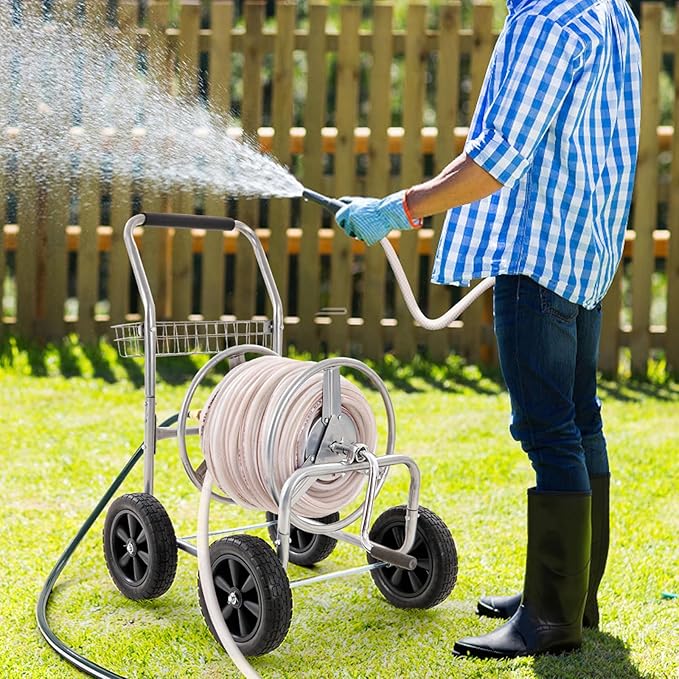 VEVOR Hose Reel Cart, Hold Up to 250 ft of 5/8’’ Hose, Garden Water Hose Carts Mobile Tools with 4 Wheels, Heavy Duty Powder-Coated Steel Outdoor Planting with Storage Basket, for Garden, Yard, Lawn