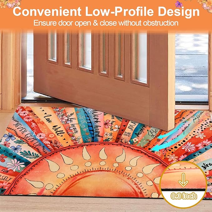 Likiyol Sun Door Mat Outside Entrance, Inspirational Quotes Welcome Mat Front Door Mats Colorful Floral Non Slip Boho Doormat Outdoor Indoor Entrance, Low Profile, Absorbent, 18'' x 30''