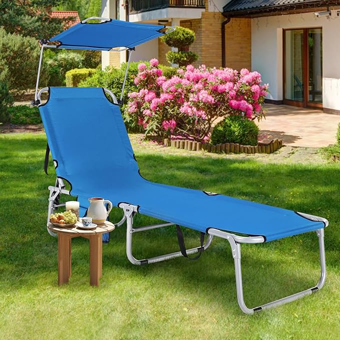GYMAX Tanning Chair, Beach Lounge Chair with Canopy Sunshade, Carry Handle & Pocket, 5 Level Adjustable Layout Chaise Lounge for Outside, Folding Sunbath Chair for Outdoor, Patio, Poolside (1, Blue)
