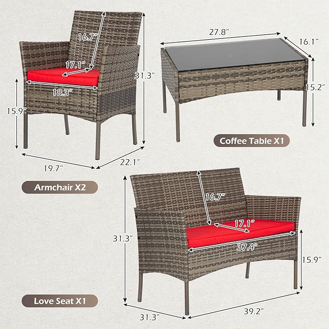 FDW | 4-Piece Patio Furniture Set | Gray & Red |Outdoor Wicker Furniture with Coffee Table | Modern Rattan Chairs Conversation Set | Outdoor Seating | Weather-Resistant | for Porch, Garden, Lawn
