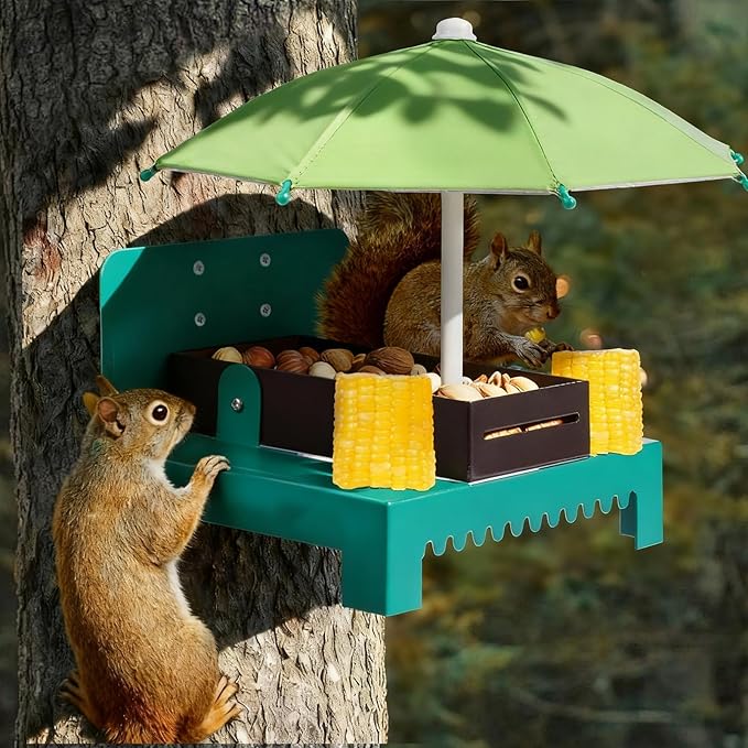Metal Squirrel Feeder Picnic Table with Umbrella - Heavy Duty Iron Outdoor Chipmunk Feeder, Rust Resistant Corn Cob Holder, Funny Backyard Wildlife Gift for Nature Lovers. (Green)