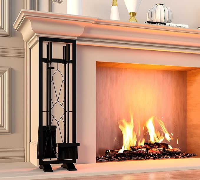 Fire Beauty Fireplace Tools Set 5 Pieces Fireside Accessories Fire Kit Stand Woodstove Tools Holder Wrought Iron Handle Indoor Fireset Stand
