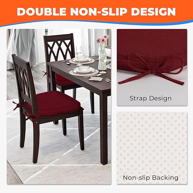Chair Cushions for Dining Chairs, D-Shaped Seat Cushions with Removable Washable Cover and Ties, Chair Pads for Kitchen, Indoor Dining Room, Patio Chairs, 17'' x 16'', Set of 2, Red