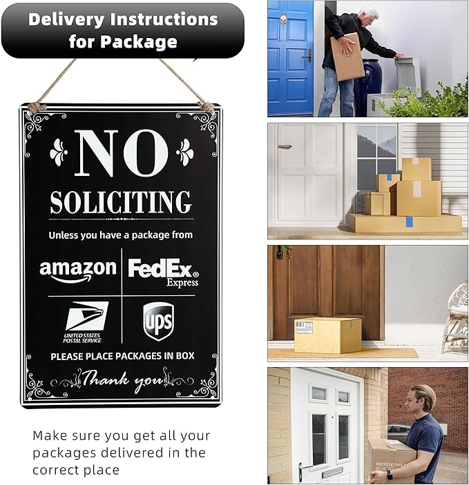 NO SOLICITING Decorative Sign Chic Metal Delivery Sign for Outdoor Yard Front Door or Indoor office Room Wall Decor to Discourage Unwanted Visitors- PLEASE PLACE PACKAGES IN BOX (Color01)
