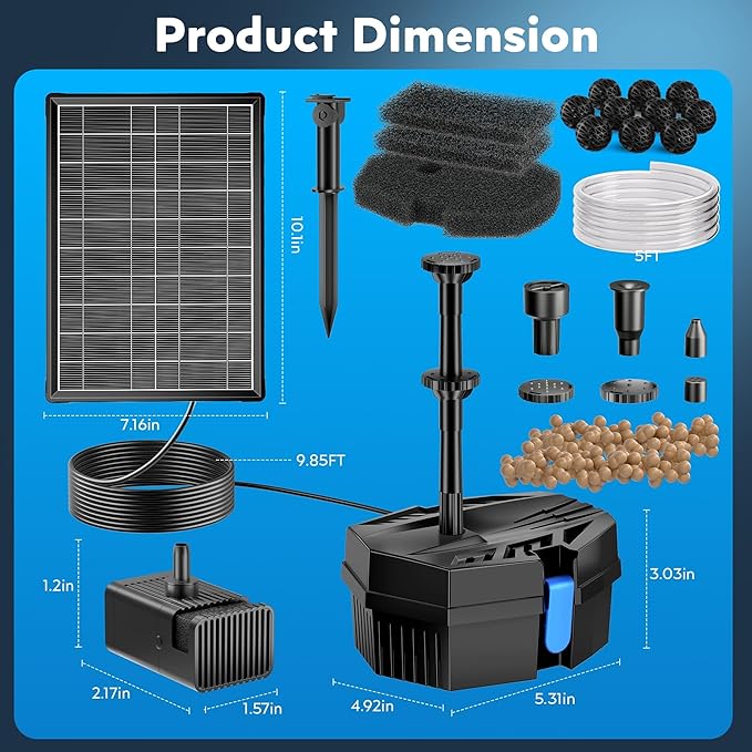 Biling Solar Pond Filter for Small Pond, 8W Solar Water Fountain with 3600mAh Battery, Clean Water Creat Water Features for Outdoor Pond Water Feature, Work Stable in Daytime