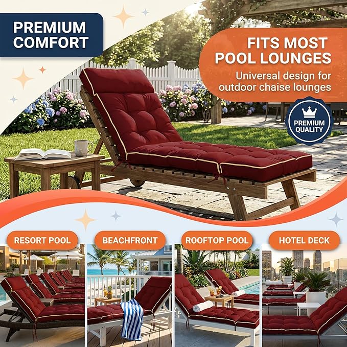 MAGIC ELEPHANT Chaise Lounge Cushion Outdoor, Memory Foam Patio Lounge Chair Cushion with Ties for Indoor Outdoor Furniture, Water-Repellent Replacement Long Chair Cushion (Burgundy)
