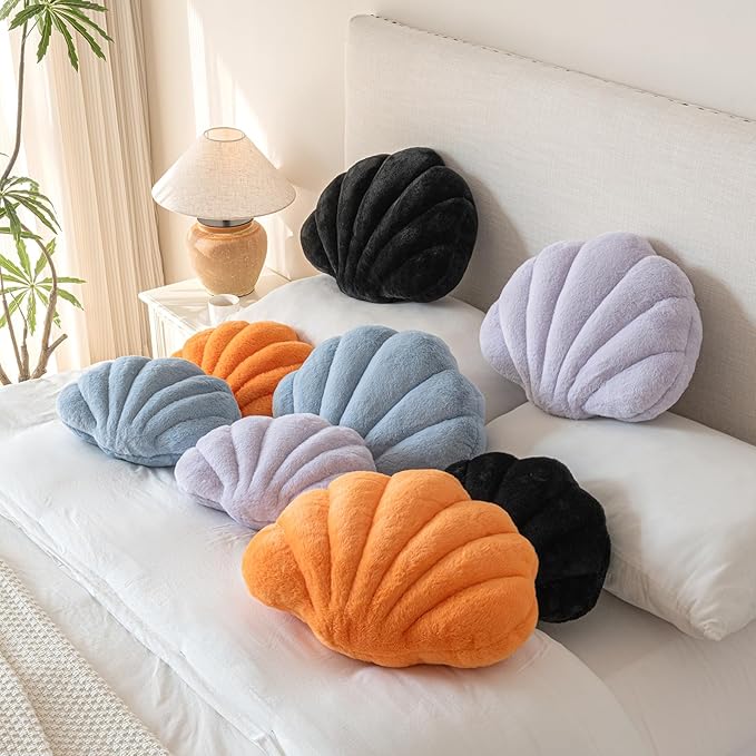 Shell Pillow, Seashell Throw Pillow with Soft Rabbit Plush for Couch Bed, Shell Shaped Decorative Ocean Pillow Stylish Beach Cushion Room Aesthetic Home Decor