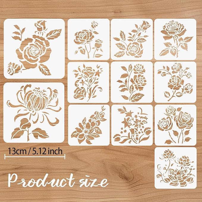 12 Pcs Large Flower Stencils for Painting, 5.12 X 5.12 Inch Flower Stencils for Crafts Reusable, Wood and Wall Stencils for Painting Large Pattern, DIY Templates Holiday Wall Paper (H)