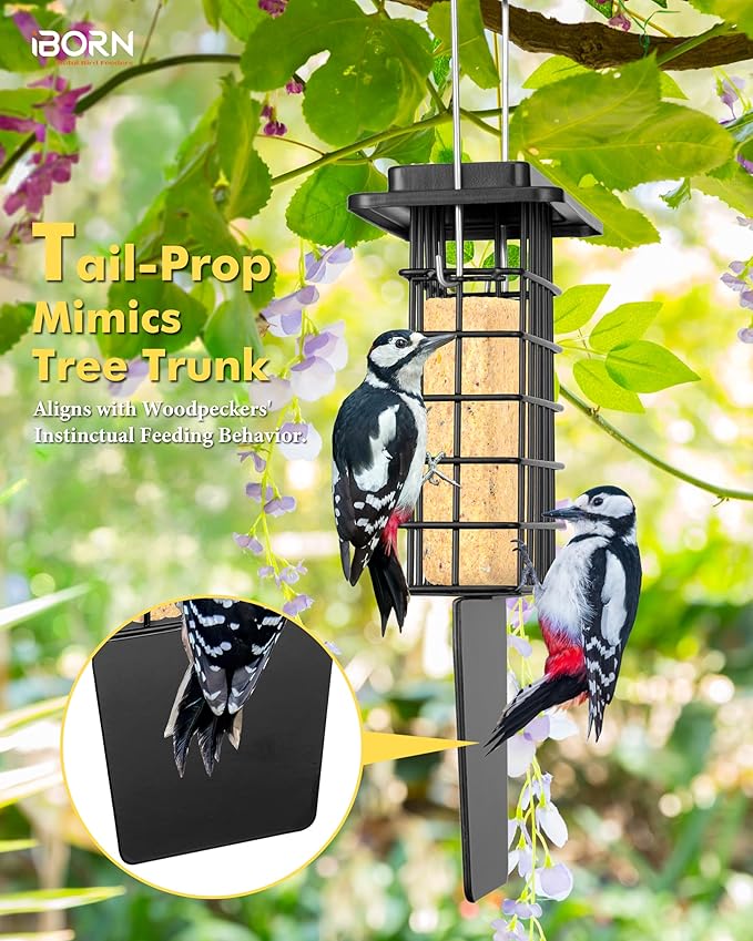 iBorn Metal Suet Feeder with Tail Prop | Durable Suet Cake Cage Bird Feeder for Outdoors，Woodpecker Feeder for Outside Hanging，Heavy-Duty Suet Holder,Easy Clean & Refill,1 Pack,Black
