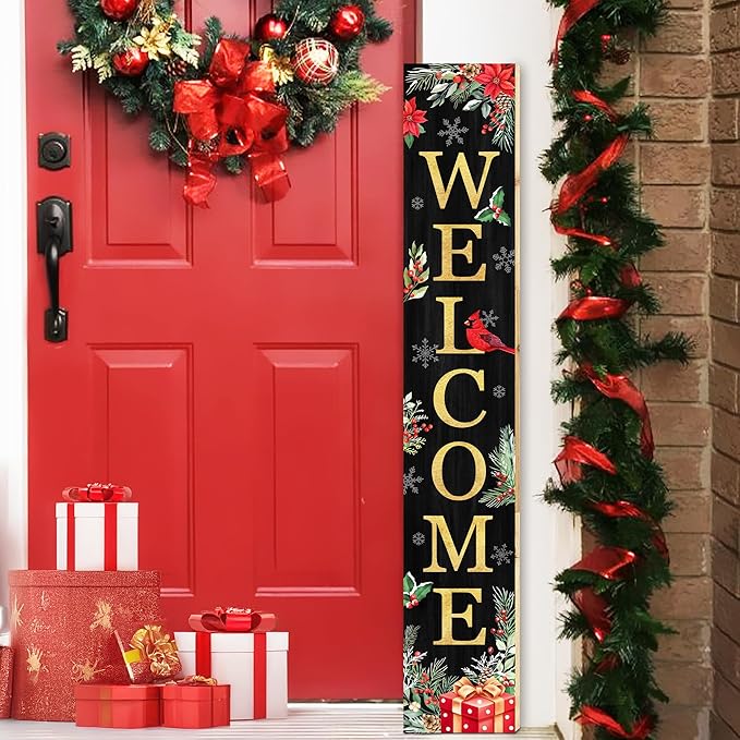 Christmas Welcome Sign for Front Porch Standing, Holly Xmas Themed Wooden Porch Sign for Front Door Decorations, Rustic Farmhouse Hanging Wall Sign for Christmas Winter Decor 47.2" H