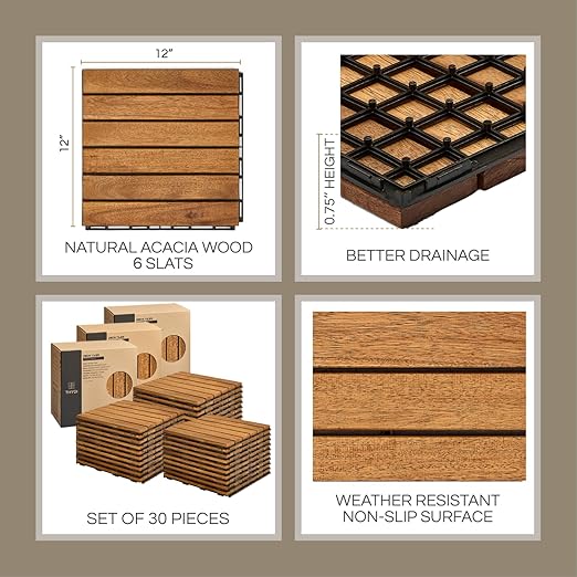 30 Pcs Deck Tiles, Patio Flooring - Outdoor Waterproof Acacia Wood Tiles for All Weather Use - Balcony, Backyard, Indoor & Outdoor (Golden Teak Striped Pattern, 30 Square Ft)