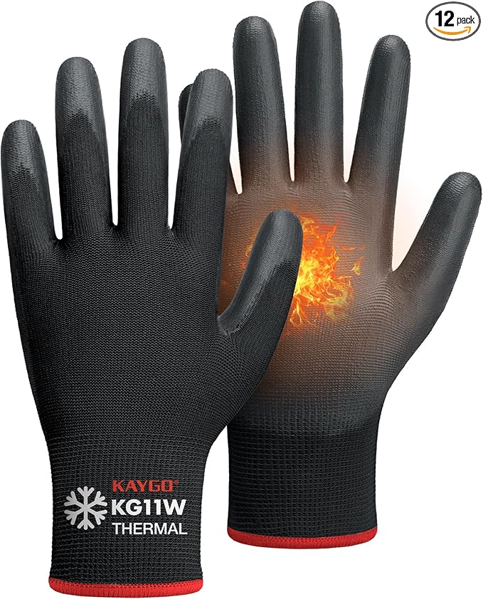KAYGO Winter Work Gloves for Men and Women, 12 Pairs Thermal Insulated Safety Work Gloves PU Coated, Smooth Grip on Palm & Fingers,Ideal for Freezer Work,Black,S