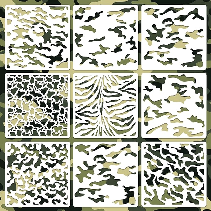 9 PCS 12 Inch Camouflage Stencils, Digital Camo Reusable Plastic Paint Templates for Painting on Wood, Camouflage Stencils House Furniture Fabric Wall Fabric DIY Crafts Decorations