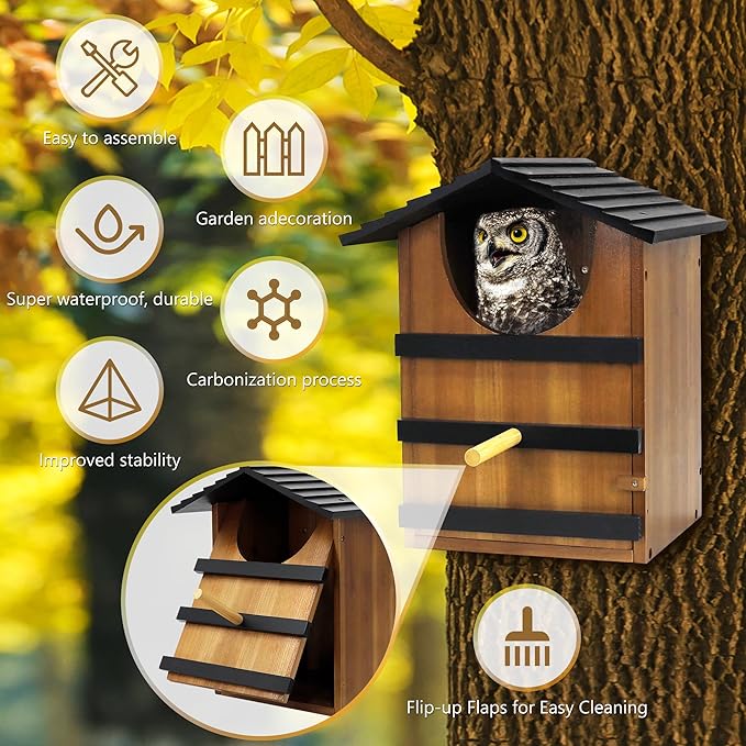 KOOPRO Screech Owl House for Outdoors, Large Barn Owl Nesting Box Wooden Bird House for Outside with Shavings Bird House, 14.5×9.4×7.8 Inches Easy Assembly Required