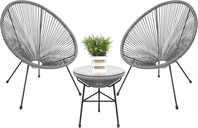 Best Choice Products 3-Piece Outdoor Acapulco All-Weather Patio Conversation Bistro Set w/Plastic Rope, Glass Top Table and 2 Chairs - Gray
