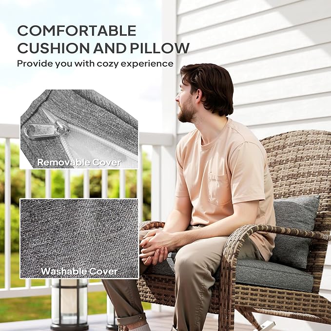 Outsunny Outdoor Wicker Adirondack Rocking Chair, Patio Rattan Rocker Chair with High Back, Seat Cushion, and Pillow for Garden, Porch, Balcony, Gray