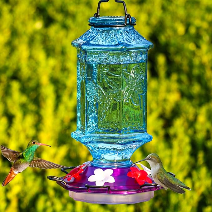 Hummingbird Feeder for Outdoors, Lantern Shaped Bottle, 6 Simulation Flowers Feeding Ports, 26 fl.oz, Hanging for Garden Yard, Rust Proof, Blue(Ant Moat Included)