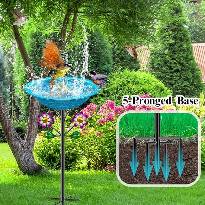 Metal Bird Bath for Outside Garden Birdbath Bowl, Freestanding Bird Feeders for Outdoors with 5 Prongs Base Stake, Standing Birdfeeders Bath Bowl for Yard Decor(Retro Blue)