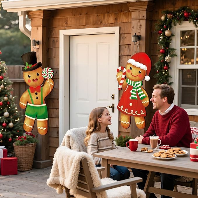 Thyle 2 Pcs Wooden Christmas Gingerbread Sign 27 x 10 Inch Xmas Hanging Gingerbread Front Door Decor Ginger Bread Welcome Door Hanger for Outdoor Indoor Front Porch Home Farmhouse Wall Supplies