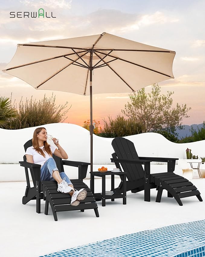 SERWALL Foldable Adirondack Chair Set of 2 for Patio Garden Outdoors Fire Pit-Black