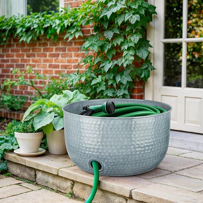 Monarch Abode Garden Hose Holder with Lid – Decorative Water Hose Holders for Outside, Hand Hammered Metal Patina Pot with Drainage, 100ft Waterhose Holder for Outside, Garden Storage Caddy