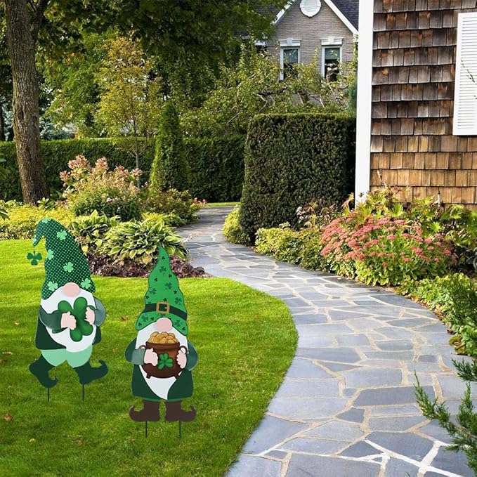 YEAHOME St Patricks Day Decorations Outdoor, 2 Pack Green Gnomes Decorative Garden Stakes for St Patricks Day Decor, Metal Yard Signs for The Home Garden Lawn Patio Decorations