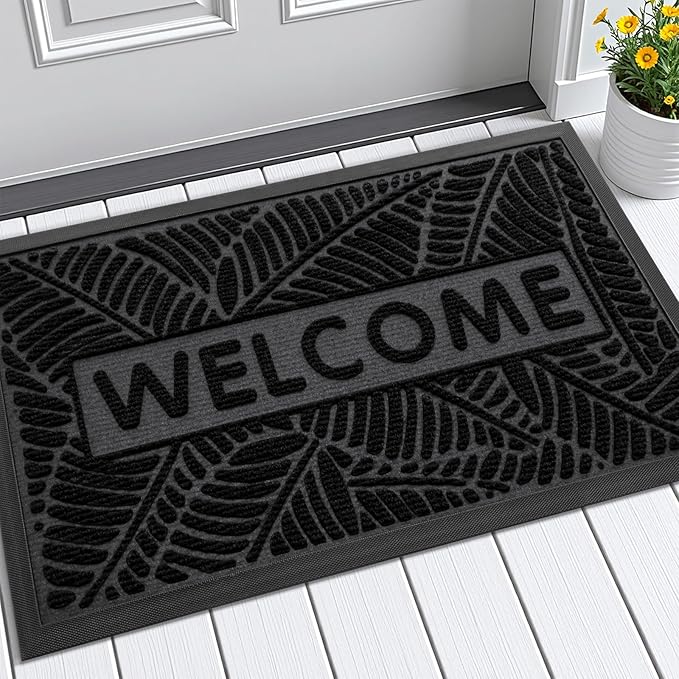 Smiry Welcome Mat Indoor Outdoor, All-Season Waterproof Front Door Mat, Sturdy Natural Rubber Doormat, Non-Slip, Easy Clean, Low Profile Dirt Trapper for Porch Patio Entrance, 35x23, Black
