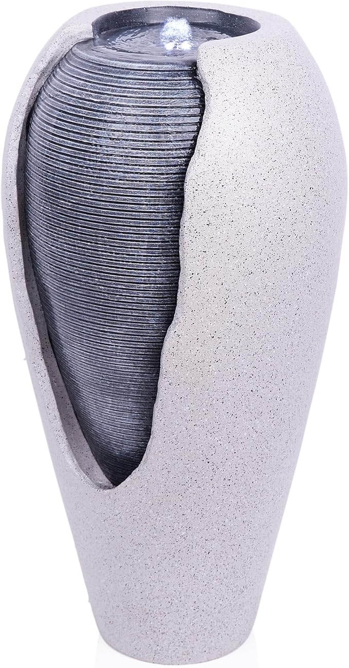 Alpine Corporation - 29" Tall Two Tone Ribbed Jar Floor Fountain with LED Lights – Elegant Indoor/Outdoor Water Feature, Easy Setup with Pump & Plug-in Design (Gray)