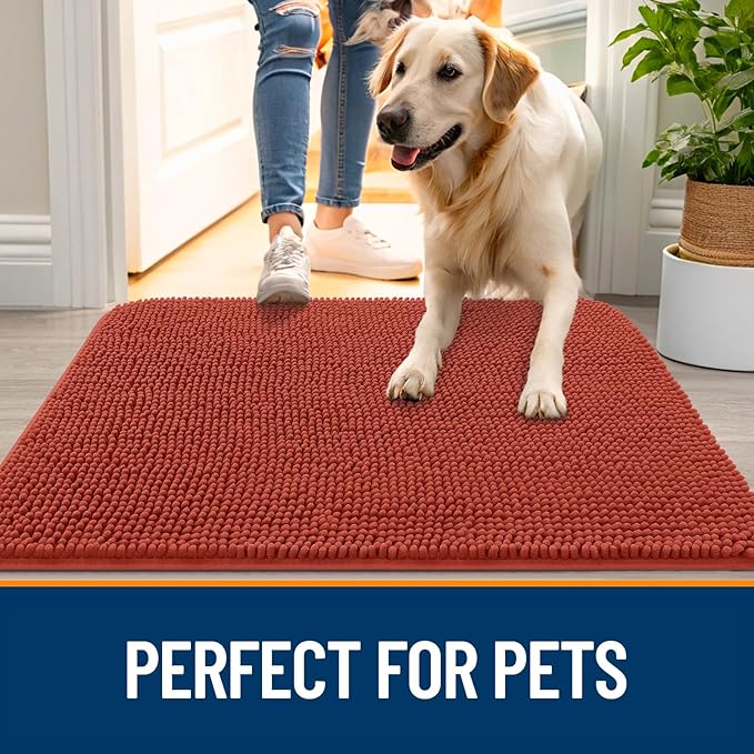 OLANLY Dog Door Mat for Muddy Paws 50x30, Absorbs Moisture and Dirt, Absorbent Non-Slip Washable Doormat, Quick Dry Chenille Mud Mat for Dogs, Entry Indoor Entryway Carpet for Inside Floor, Maple Red