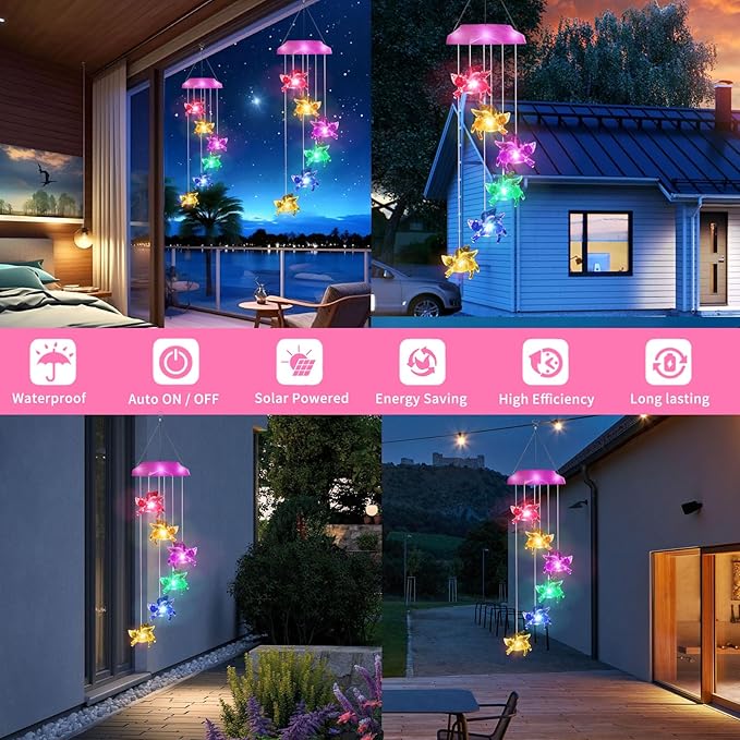 Solar Wind Chimes for Outside- Pig Wind Chimes Pink,7 Colors Changing Outdoor Waterproof Flying Pig LED Wind Bell, Patio Garden Yard Decor(Gifts for Dad,Mom, Women, Gardening Gifts)