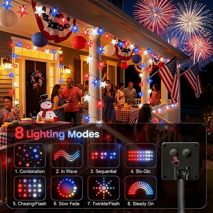 4th of July Twinkle Solar Star String Lights Decorations Outdoor Waterproof Fairy Lights 39FT Red White and Blue 100 LED with 8 Lighting Modes for Independence Day President Day Memorial Day